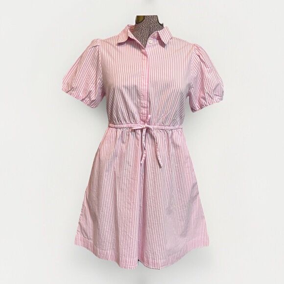 J Crew Collared Puff Sleeve Mini Striped Shirt Dress Womens 6 Petal Pink Girly - Picture 1 of 8